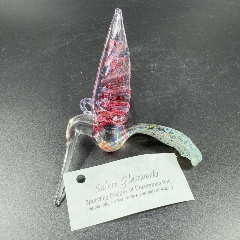 Bandhu Dunham Hand Blown Salusa Glass Christmas Ornament Hummingbird Figure Tag